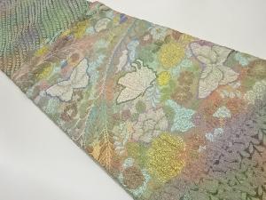 ふくれ織花葉に蝶模様織出し袋帯